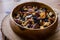 Dried Fruit Walnut, fig, palm, mulberry, date in a wooden bowl