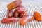 Dried fruits of date palm on bamboo mat background, Phoenix fruit on bamboo mat