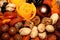 Dried fruits with nuts. Cashews, hazelnuts, peanuts, dried apricots, viburnum, raisins, pistachios. Dried fruit flower