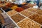 Dried fruits and nuts at the Chorsu Bazaar in Tashkent, Uzbekistan. Superfood, vegetarian food