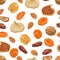 Dried fruits and nuts seamless pattern on white background. Vector illustration of figs, walnuts, dried apricots, almonds, dates i
