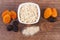 Dried fruits, oat bran, linseed and oatmeal in bowl, increase metabolism