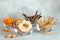 Dried fruits slices of peach, apple, pumpkin, banana in glass bowls