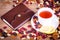 Dried fruits with white cup of tea, saucer and notebook