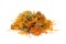Dried healthy calendula flowers pile. Dry marigold petals heap on white.