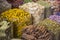 Dried herbs, flowers and arabic spices in the souk at Deira in D