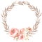 Dried herbs and peony flowers bouquet wreath in watercolor. Dried leaves branch frame with butterfly, pink floral border.