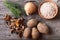 Dried mashrooms, potato, onion, dill and grain in a bowl on a old wooden board