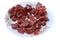 Dried meat, basturma, beef jerky, smoked meat jerky with spices on a plate, isolate closeup