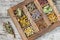 Dried medicinal plant in an old wooden box