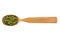 Dried Melilotus in a wooden spoon on a white background. Phytotherapy and disease prevention. Herbal collection for medicinal