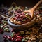 Dried mixed beans on a wooden spoon