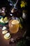 Dried mountain tea, turmeric, cinnamon sticks, lemon slices and jar of honey on wooden background.  Sideritis Scardica.