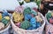 Dried, painted colorful plants of Jericho rose, heart of desert as souvenir for tourists in Egypt