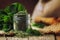 Dried peppermint in a glass jar and a bunch of fresh mint, vintage wood background, selective focus