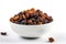 Dried Raisins In A White Bowl On A White Background. Generative AI