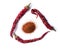Dried red chili pepper on white background. Desiccated milled paprika. Top view flat lay.