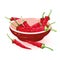 Dried red chili peppers with sharp taste are in ceramic bowl. Spice with pungent flavor.