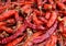 Dried red chillies as a textured food background.