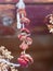 dried red mushrooms on a string in a folk household and some other herbs and spices, hanging from the ceiling in the shade