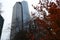 Dried and red tree and skyscraper with overcast weather sky background.