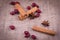 Dried rosehip with cinnamon sticks and anise stars on burlap