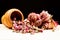 Dried roses and buds with wooden objects