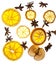 dried round slices of lemon and apple as well as star anise on a bright white background.