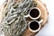 Dried sage branches, sage hot tea, on a piece of natural wood, natural remedies, natural medicine