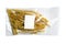 Dried salted tuna meat strips in a transparent package with a white label appetizer to beer isolated on white background. Snack