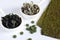 Dried seaweed: nori, wakame, kelp, spirulina, chlorella. Superfood. Healthy food