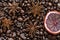 Dried sicilian orange slice and coffee beans, macro.