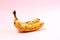 The dried skin of the banana on a pink background