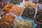 Dried squid, shellfish and seafood on fish market in Hongkong