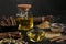 Dried sticks of licorice roots, powder and essential oil on black table. Space for text