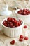 Dried sweet cherries in white ramekin