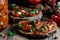 Dried tomatoes bread with oil, garlic and parsley, autumn traditional italian food