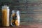 Dried traditional Italian pasta in storage jars