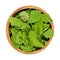 Dried wild strawberry leaves, leaves of Fragaria vesca, in wooden bowl