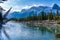 Drift ice floating on Bow River in early winter season sunny day morning. Canmore, Alberta, Canada.