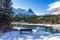 Drift ice floating on Bow River in early winter season sunny day morning. Canmore, Alberta, Canada.