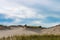 Drifted sand dunes with grass on the ridge-horizon under a blue sky