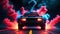 Drifting Minecraft Police car on dark black background with red smoke. Minecraft world. Generative AI.