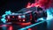 Drifting Minecraft Police car on dark black background with red smoke. Minecraft world. Generative AI.