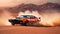 Drifting sports car on a desert background with vivid color smokes. Sports Car in motion. Generative AI