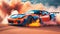 Drifting sports car on a desert background with vivid color smokes. Sports Car in motion. Generative AI