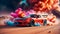 Drifting sports car on a desert background with vivid color smokes. Sports Car in motion. Generative AI