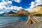 Driftwood Beach, Middle Waterton Lake lakeshore in autumn foliage season morning.