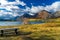 Driftwood Beach, Middle Waterton Lake lakeshore in autumn foliage season morning.