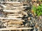 Driftwood gathered from lakeside lay on rocky shore